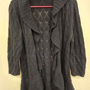Black Boho Knit Open-Front Cardigan | Textured Cottagecore Sweater | Size L